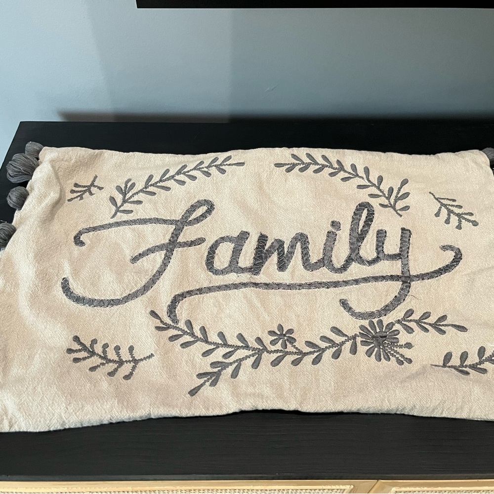 Pottery Barn Gray and Cream "Family"  LumbaR Pillowcase 16x26 (NO INSERT)